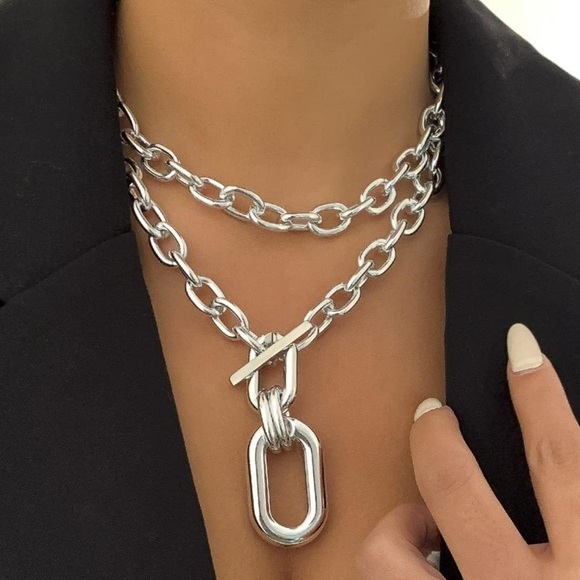 2pcs Silver Layered Chunky Chain Choker Necklace with Toggle Clasp Necklace - Picture 6 of 6